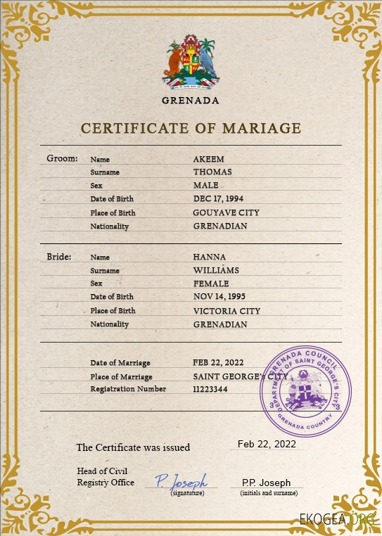Modèle PSD de certificat de mariage de Grenade